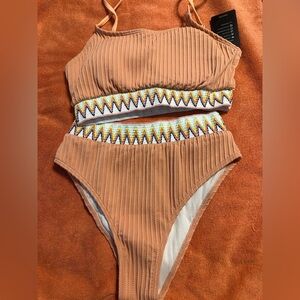 Ribbed Tan Two-Piece Swimsuit with Zigzag Accent
